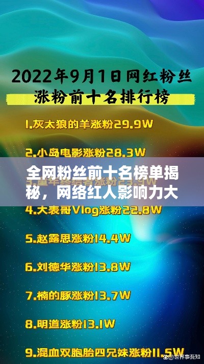 全网粉丝前十名榜单揭秘，网络红人影响力大比拼