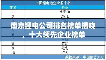 南京锂电公司排名榜单揭晓，十大领先企业榜单